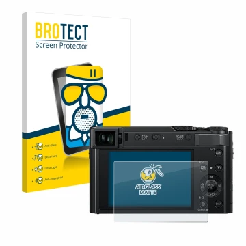 Face avant d’un emballage produit avec le logo de la marque BROTECT. À côté, l’appareil Panasonic Lumix DC-TZ202D est représen