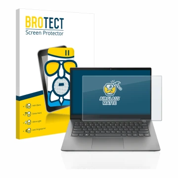 Face avant d’un emballage produit avec le logo de la marque BROTECT. À côté, l’appareil Lenovo ThinkBook 14 Gen 4 est représen