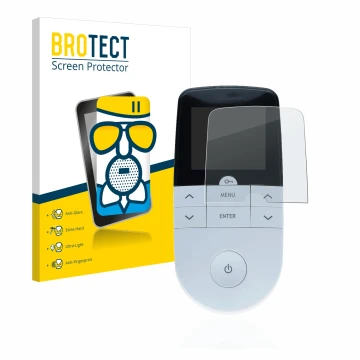 Face avant d’un emballage produit avec le logo de la marque BROTECT. À côté, l’appareil Beurer EM 49 Digital TENS/EMS est repr