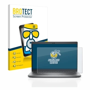 Face avant d’un emballage produit avec le logo de la marque BROTECT. À côté, l’appareil Dell Latitude 5430 Touch est représent