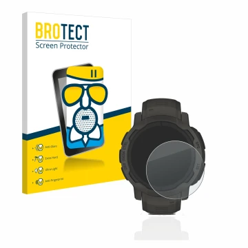 Face avant d’un emballage produit avec le logo de la marque BROTECT. À côté, l’appareil Garmin Instinct 2 Solar est représenté