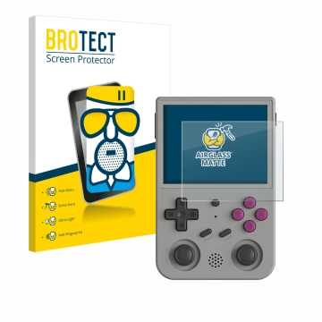 Face avant d’un emballage produit avec le logo de la marque BROTECT. À côté, l’appareil Anbernic RG353V est représenté avec la