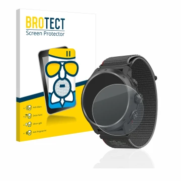 Face avant d’un emballage produit avec le logo de la marque BROTECT. À côté, l’appareil Coros Apex 2 Pro est représenté avec l