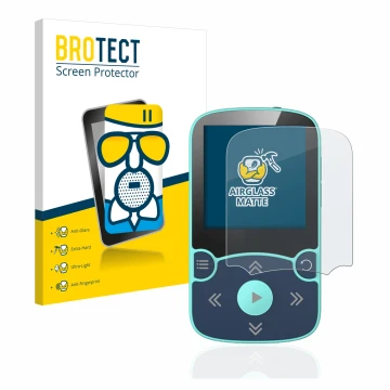 Face avant d’un emballage produit avec le logo de la marque BROTECT. À côté, l’appareil AGPtek A65X MP3 Player with clip est r