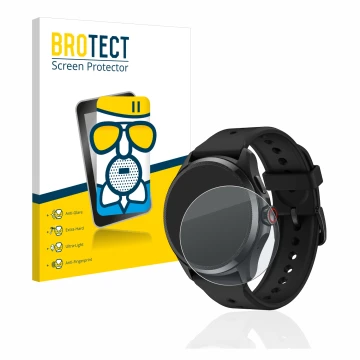 Face avant d’un emballage produit avec le logo de la marque BROTECT. À côté, l’appareil Mobvoi TicWatch Pro 5 est représenté a