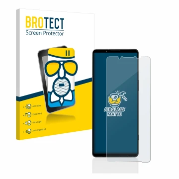 Face avant d’un emballage produit avec le logo de la marque BROTECT. À côté, l’appareil Sony Xperia 1 V est représenté avec la