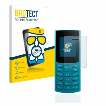 Face avant d’un emballage produit avec le logo de la marque BROTECT. À côté, l’appareil Nokia 105 4G (2023) est représenté ave