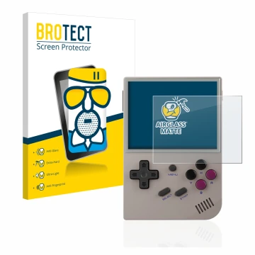 Face avant d’un emballage produit avec le logo de la marque BROTECT. À côté, l’appareil Anbernic RG35XX est représenté avec la