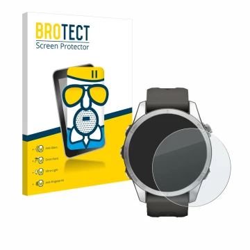 Face avant d’un emballage produit avec le logo de la marque BROTECT. À côté, l’appareil Garmin Fenix 7S Pro Solar (42 mm) est 