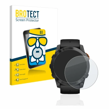 Face avant d’un emballage produit avec le logo de la marque BROTECT. À côté, l’appareil Garmin Fenix 7X Pro Solar (51 mm) est 