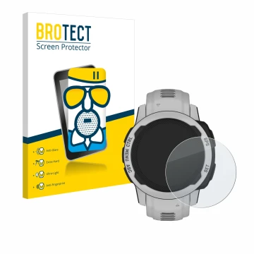 Face avant d’un emballage produit avec le logo de la marque BROTECT. À côté, l’appareil Garmin Instinct 2S Solar (40 mm) est r
