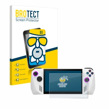 Face avant d’un emballage produit avec le logo de la marque BROTECT. À côté, l’appareil ASUS ROG Ally (2023) RC71L est représe