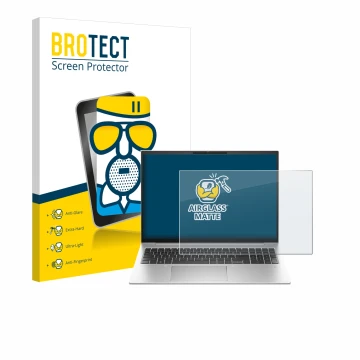 Face avant d’un emballage produit avec le logo de la marque BROTECT. À côté, l’appareil HP EliteBook 860 G10 est représenté av