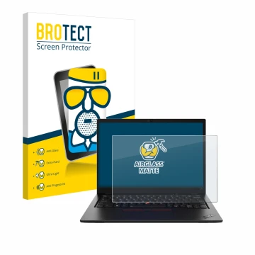Face avant d’un emballage produit avec le logo de la marque BROTECT. À côté, l’appareil Lenovo ThinkPad L13 Gen 4 Touch est re