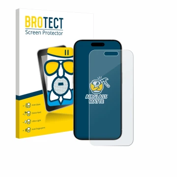 Face avant d’un emballage produit avec le logo de la marque BROTECT. À côté, l’appareil Apple iPhone 15 est représenté avec la