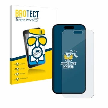 Face avant d’un emballage produit avec le logo de la marque BROTECT. À côté, l’appareil Apple iPhone 15 Plus est représenté av