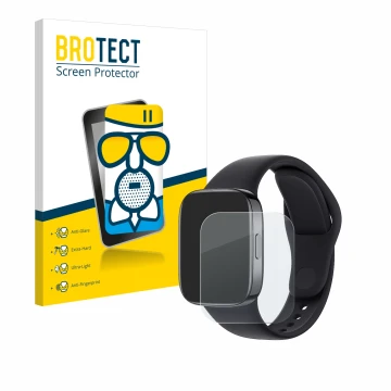 Face avant d’un emballage produit avec le logo de la marque BROTECT. À côté, l’appareil Xiaomi Redmi Watch 3 est représenté av