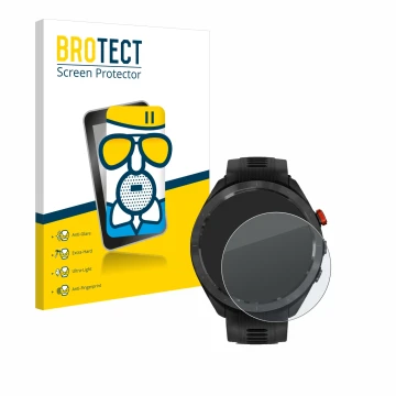 Face avant d’un emballage produit avec le logo de la marque BROTECT. À côté, l’appareil Garmin Approach S70 (47 mm) est représ