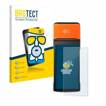 Face avant d’un emballage produit avec le logo de la marque BROTECT. À côté, l’appareil Sunmi V2 Pro est représenté avec la pr