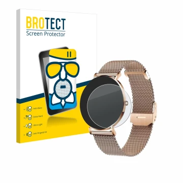 Face avant d’un emballage produit avec le logo de la marque BROTECT. À côté, l’appareil Xcoast X-Watch Siona 2 est représenté 