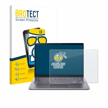 Face avant d’un emballage produit avec le logo de la marque BROTECT. À côté, l’appareil Acer Chromebook Spin 714 est représent