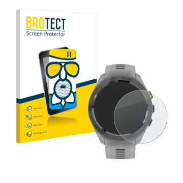 Face avant d’un emballage produit avec le logo de la marque BROTECT. À côté, l’appareil Garmin Approach S70 (42 mm) est représ