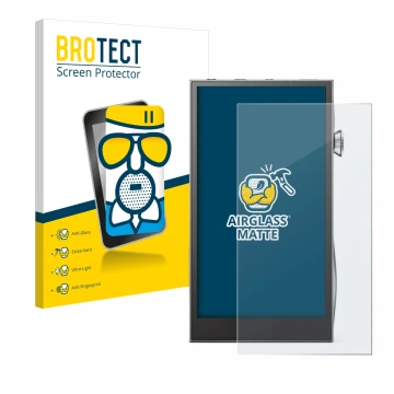 Face avant d’un emballage produit avec le logo de la marque BROTECT. À côté, l’appareil Astell&Kern A&futura SE300 est représe