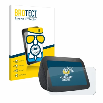 Face avant d’un emballage produit avec le logo de la marque BROTECT. À côté, l’appareil Amazon Echo Show 5 (3ème Gen.) est rep