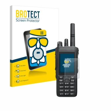 Face avant d’un emballage produit avec le logo de la marque BROTECT. À côté, l’appareil Motorola Mototrbo R7 est représenté av