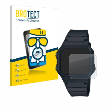 Face avant d’un emballage produit avec le logo de la marque BROTECT. À côté, l’appareil Casio W-217H-1AVCF est représenté avec