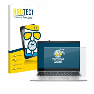 Face avant d’un emballage produit avec le logo de la marque BROTECT. À côté, l’appareil HP EliteBook x360 830 G10 est représen