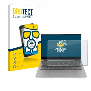 Face avant d’un emballage produit avec le logo de la marque BROTECT. À côté, l’appareil Lenovo ThinkBook 14s Yoga G3 est repré
