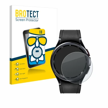 Face avant d’un emballage produit avec le logo de la marque BROTECT. À côté, l’appareil Samsung Galaxy Watch 6 Classic (43 mm)