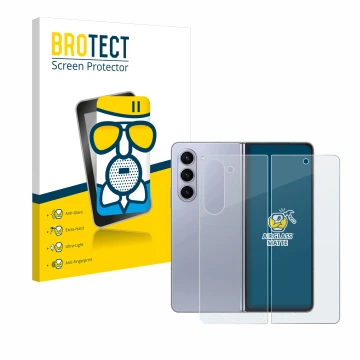 Face avant d’un emballage produit avec le logo de la marque BROTECT. À côté, l’appareil Samsung Galaxy Z Fold 5 (Avant+Arrière