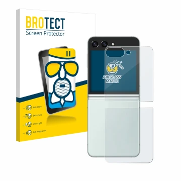 Face avant d’un emballage produit avec le logo de la marque BROTECT. À côté, l’appareil Samsung Galaxy Z Flip 5 (Arrière) est 