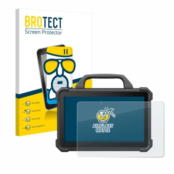 Face avant d’un emballage produit avec le logo de la marque BROTECT. À côté, l’appareil Launch X-431 Tab VII (Tab 7) Elite est
