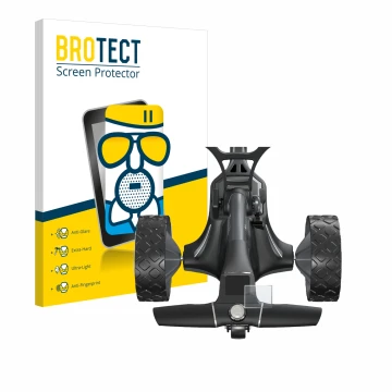 Face avant d’un emballage produit avec le logo de la marque BROTECT. À côté, l’appareil Motocaddy M7 GPS Electric Trolley est 