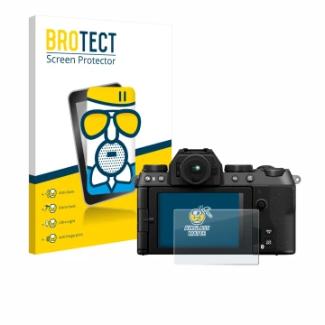 Face avant d’un emballage produit avec le logo de la marque BROTECT. À côté, l’appareil Fujifilm X-S20 est représenté avec la 
