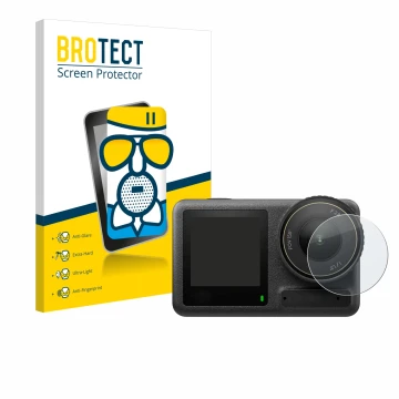Face avant d’un emballage produit avec le logo de la marque BROTECT. À côté, l’appareil DJI Osmo Action 4 (Lentille) est repré