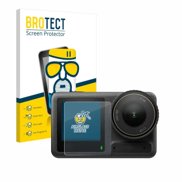 Face avant d’un emballage produit avec le logo de la marque BROTECT. À côté, l’appareil DJI Osmo Action 4 (Affichage avant) es