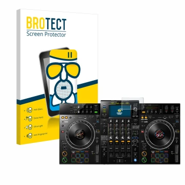 Face avant d’un emballage produit avec le logo de la marque BROTECT. À côté, l’appareil Pioneer XDJ -XZ est représenté avec la