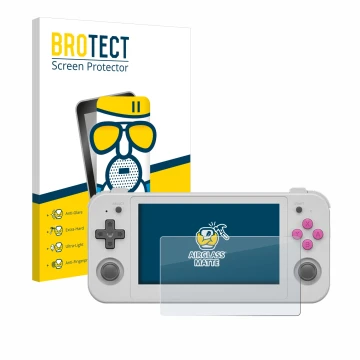 Face avant d’un emballage produit avec le logo de la marque BROTECT. À côté, l’appareil Anbernic RG505 est représenté avec la 