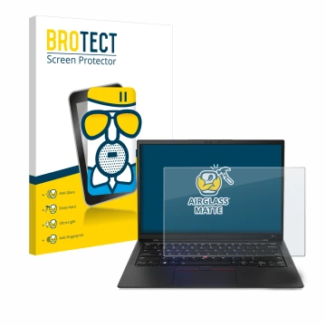 Face avant d’un emballage produit avec le logo de la marque BROTECT. À côté, l’appareil Lenovo ThinkPad X1 Carbon 14