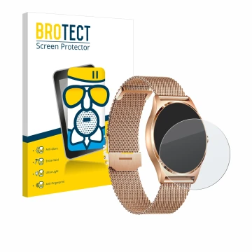 Face avant d’un emballage produit avec le logo de la marque BROTECT. À côté, l’appareil Xcoast X-Watch Joli XC Pro est représe