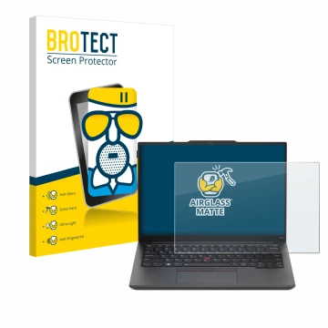 Face avant d’un emballage produit avec le logo de la marque BROTECT. À côté, l’appareil Lenovo ThinkPad E14 Gen 5 est représen