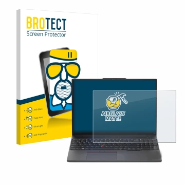 Face avant d’un emballage produit avec le logo de la marque BROTECT. À côté, l’appareil Lenovo ThinkPad E16 Gen 1 est représen