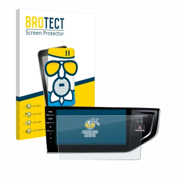 Face avant d’un emballage produit avec le logo de la marque BROTECT. À côté, l’appareil Volkswagen Polo VI Discover Pro 9,2