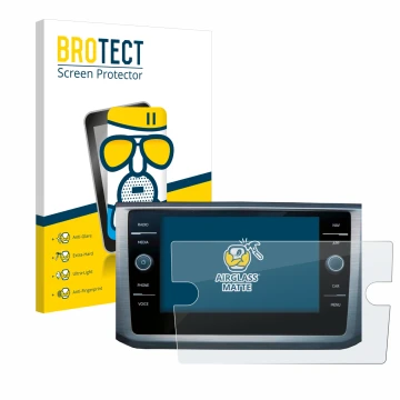 Face avant d’un emballage produit avec le logo de la marque BROTECT. À côté, l’appareil Volkswagen Passat B8 Discover Media 8