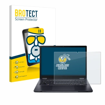 Face avant d’un emballage produit avec le logo de la marque BROTECT. À côté, l’appareil Acer TravelMate Spin P4 14