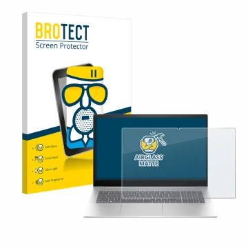 Face avant d’un emballage produit avec le logo de la marque BROTECT. À côté, l’appareil HP Envy 17-cw0000 est représenté avec 